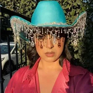 ???‍♀️ Blue bling mermaid cowgirl hat Nashbash concert rhinestone NFR Light Blue Cowgirl Hat With Rhinestone and Boa, Nashville  main image 4